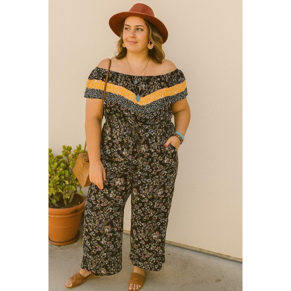 Muad Boho Floral Jumpsuit Black Yellow Patchwork Smocked Waist Size XL Fall